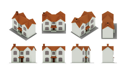 3d rendering of simple lowpoly mansion house from top angle orthographic view