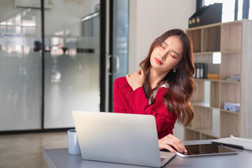 Concept Burnout Syndrome. Business Woman feels uncomfortable working. Which is caused by stress,...