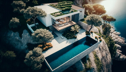 high quality aerial drone picture of ultra modern house, villa with great, wonderful garden und beautiful pool high up on a mountain, with beach and the sea, generative ai - obrazy, fototapety, plakaty