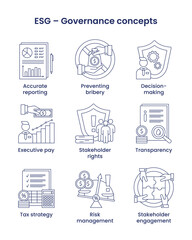 ESG Governance concepts, icons set. Icons with captions. Illustration isolated on a white background.