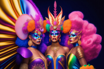 Drags queens in glamorous dresses and carnival masks for show. three Actresses Drags in colorful fantasy costumes for party carnival. Generative ai