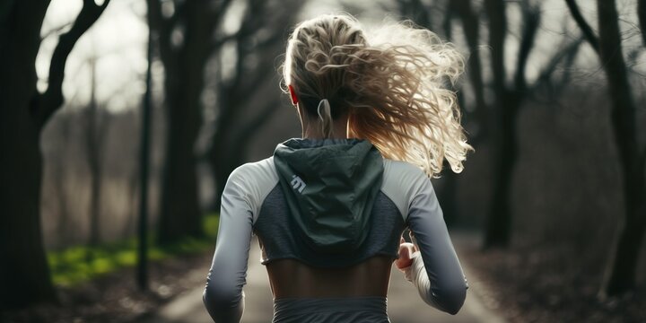 Blonde fit woman running in the park view from behind generate ai