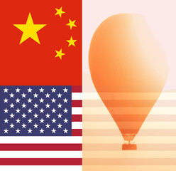 Digital composite of USA and Chinese flag with balloon as a metaphor for espionage claims by both countries in 2023