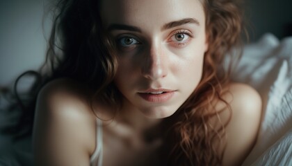 A beautiful smiling woman close up in bed generative ai