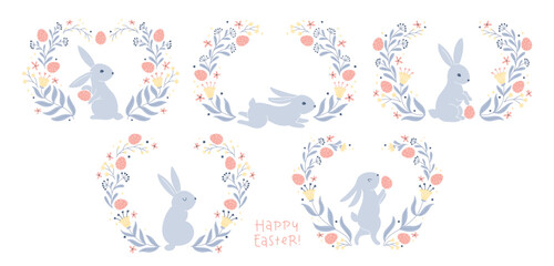 Fototapeta premium Vintage postcard collection for Easter with a hare rabbit with dotted Easter eggs, folk style with fantastic flowers. Cartoon cute animals in hand-drawn doodle style. Limited pastel palette. Vector.