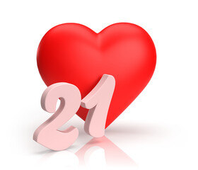 Heart number twenty one or 21 for valentine's day or anniversary. An digit idea for a banner or card for love.