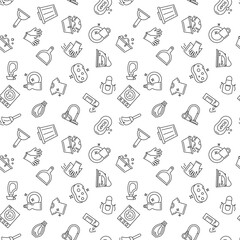 Housework icon pattern vector isolated. Illustration of cute seamless pattern for background. Outline housework pictograms. Detergent, iron, cleaning spray and other domestic tools