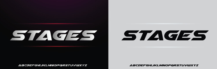 Stages, Game Sport Movie Alphabet Font. Typography modern regular style font for technology, digital, logo design. vector illustration