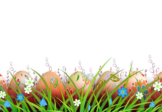 Easter composition with colorful eggs in the grass with flowers.