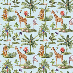 Tropical vintage palm tree and animal seamless pattern, Exotic botanical jungle wallpaper. Hand drawn painting