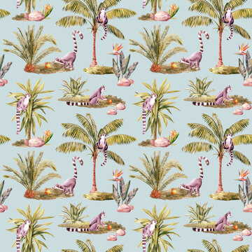 Tropical vintage palm tree and lemur animal seamless pattern, Exotic botanical jungle wallpaper. Hand drawn painting