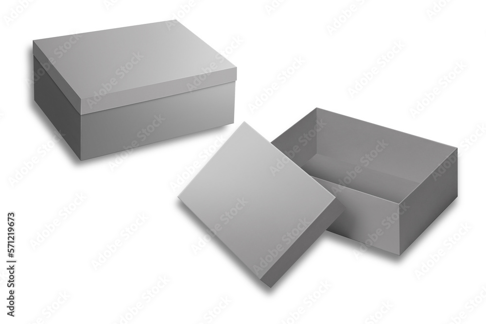 Poster white shoebox isolated on white background with clipping path. open and closed shoebox mockup.3d ren