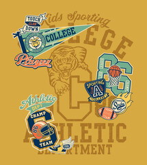 Kids sporting college athletic department vintage vector print for boy t shirt with embroidery applique patches collection grunge effect in separate layers - 571219618