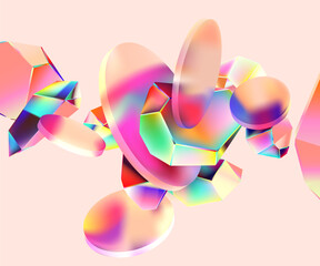 Abstract polygonal iridescent shapes with glass circles . Colorful background of gradient vector crystals.