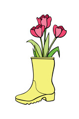 Vector red spring tulips flowers in yellow rubber rain boot. Cute seasonal spring floral illustration. Shoes as vase. Hand drawn design elements, clip art in doodle flat style, isolated.