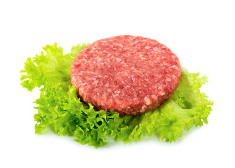 Raw fresh burger on lettuce leaf