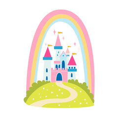 Vector flat illustration of a beautiful castle shining under a rainbow. Fairytale landscape with palace isolated on white.