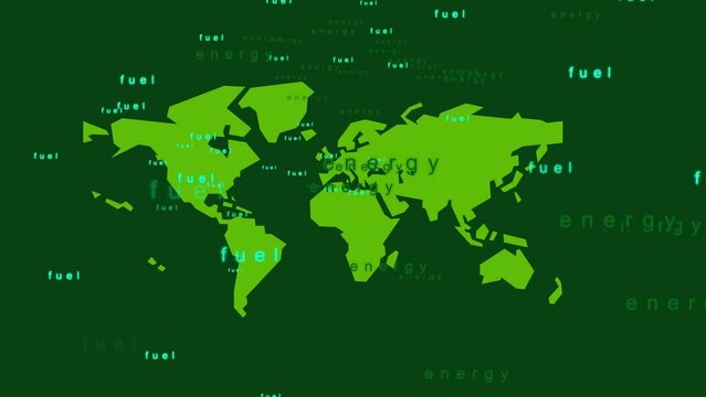 Word cloud of green energy animation on green world map background 