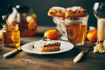 Homemade pastries on beautifully served table decorated in rustic style