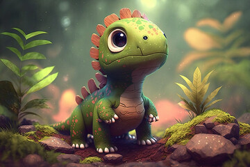 cute adorable baby dinosaur generative ai rendered in the style of children, friendly cartoon animation fantasy style