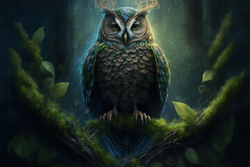Spirit of the Forest, Fantasy Owl, Concept Art, Digital Illustration, Generative AI
