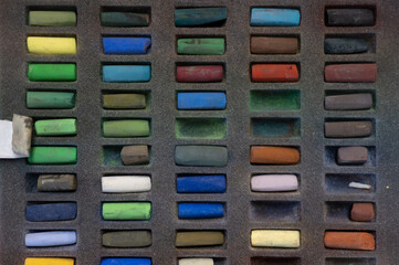 Tray of colorful chalk pastel for painting artwork