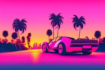 Retro Sport car rides among the palm trees against the backdrop of the sunset in the city. Pink background in the style of retro synthwave 80s., neons, retro city background - generative ai