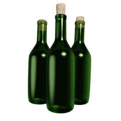 3D rendering of set of old green glass bottle with cork front view. Collectible spirits and wine. Realistic PNG illustration isolated on transparent background