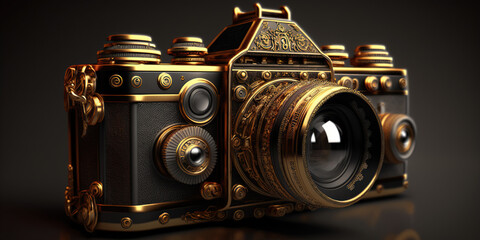vintage photo camera gold details, ai generated