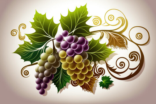 white ripe of grapes, 3d look, illustration, vine, grape, smoothie, paint splatter, wine, vineyard, Surreal realistic handdrawn masterpiece artwork, on a white background generative ai.