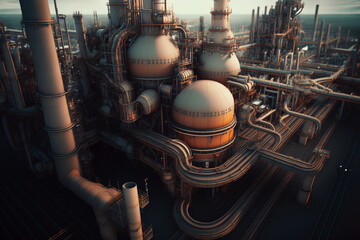 Oil refinery with large pipelines, fossil fuel