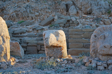 Antique statues on Nemrut mountain, Turkey. The UNESCO World Heritage Site at Mount Nemrut where...