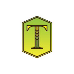 Letter T in the line style. Logotype with wheat, rice organic grain products, and healthy food vector illustration.