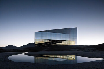 Abstract building in desert, mirror reflections