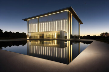 Abstract architechture, house made of gold and glass and mirror reflection