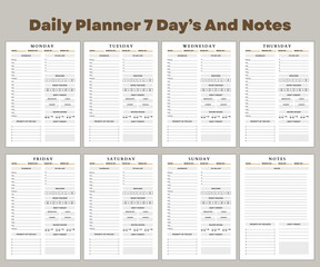 Minimalist planner pages templates. Printable Life Planner Set. Life  planner vector graphic illustration. Dailyplanner,Monday,Tuesday,Wednesday,Thursday,Friday,Saturday,Sunday Planner
