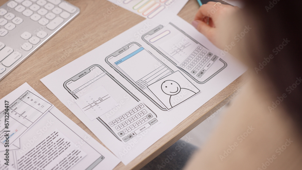 Poster ux, designer and planning with woman and research for creative, app and technology. website, softwar