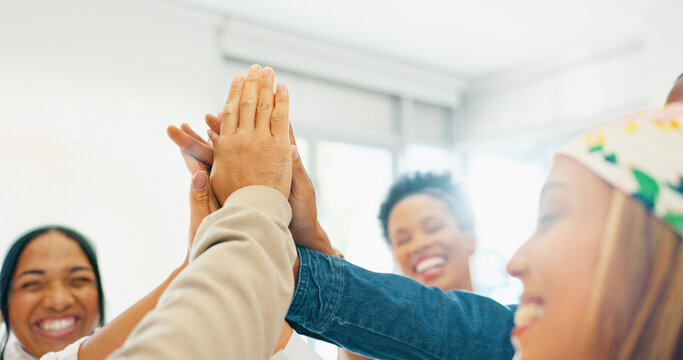 Business people, teamwork or diversity in high five, support or collaboration growth, target or global goals. Smile, happy or hands together in office solidarity, motivation or winner success gesture