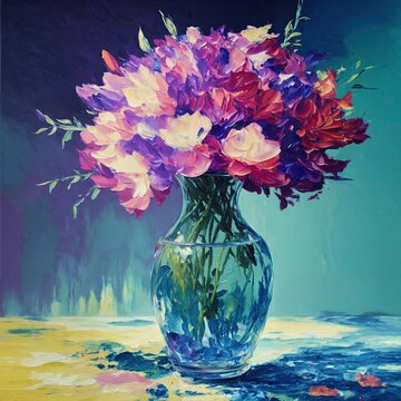 Still life impressionist impasto oil painting of a bouquet of flowers in a glass vase, generative art