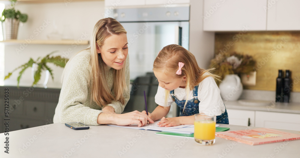 Canvas Prints Education, mother and girl writing in kitchen for school task, assignment or homework. Help, learning and mom with child teaching, explaining or helping kid in home in the morning with books on table