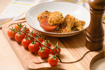 Homemade chicken nuggets with cherry tomatoes and ketchup on a wooden board.