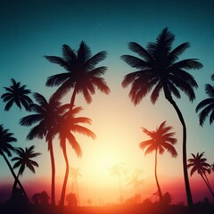 Night landscape with palm trees, against the backdrop of a neon sunset, stars. Silhouette coconut palm trees on beach at sunset.  Space futuristic landscape. Neon palm tree - generative ai