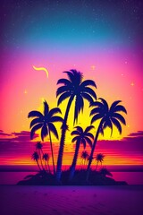 Fototapeta na wymiar Night landscape with palm trees, against the backdrop of a neon sunset, stars. Silhouette coconut palm trees on beach at sunset. Space futuristic landscape. Neon palm tree - generative ai