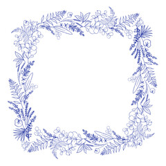Rectangle frame with Blue Fern, Eucalyptus and Herbs on white background. Chinoiserie inspired.