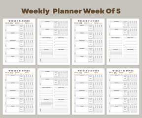Minimalist planner pages templates. Printable Life Planner Set. Life  planner vector graphic illustration. Weekly Planner Week Of 05