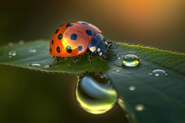 Macro photography of a ladybug on a green leaf with raindrops and evening light. Ai generative