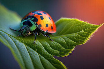 Macro photography of a ladybug on a green leaf and evening light. Ai generative