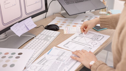 UX design, mobile app and woman hands planning user screen for software development, graphic design...