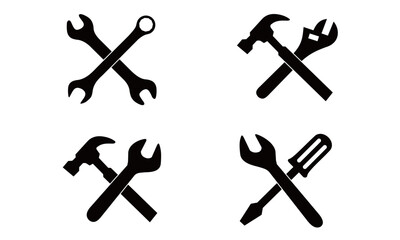 Tool icons set. Wrench, screwdriver and hammer icon. Screwdriver and wrench glyph icon. Settings and repair, service sign - stock vector.