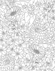 Vector carpet of flowers. Antistress coloring book for adults.   